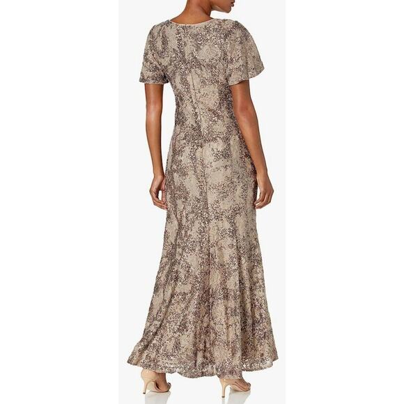 Alex Evenings Long Formal Sequin Dress Short Flutter Sleeve Size 16 Taupe NWT - Picture 2 of 4